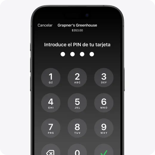 Pantalla para ingresar el PIN de una tarjeta durante un pago con Tap to Pay en iPhone.